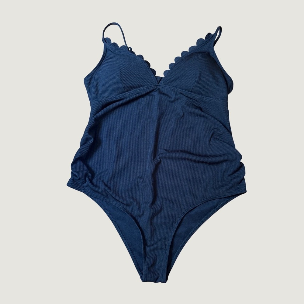 One Piece Swimsuit Women Navy Blue Scalloped Ribbed SIZE L